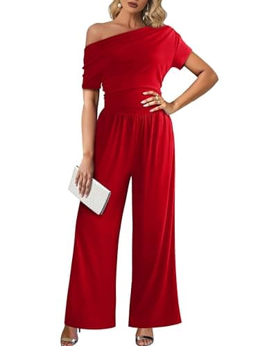 LOOKBOHO Jumpsuits for Women Off Shoulder Boat Neck Dressy Romper Elegant Wide Leg One Piece Outfits with Pockets - Image 1