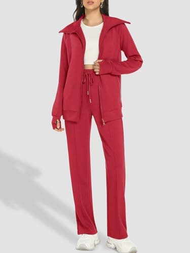 Casly Lamiit 2 Piece Lounge Sets for Women 2026 Casual Sweatsuit Travel Outfits Double Zipper Sweatshirt Long Sweatpants Athletic Track Suit Red S - Thumbnail 3
