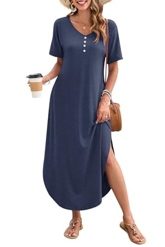 MOLERANI Sundresses for Women 2026 Maxi V Neck Dress Short Sleeve Summer Dress Casual Long Split Dress with Pockets Cruise Travel Sun Dresses,Navy Blue,S - Image 1