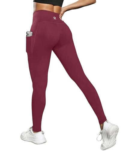 Fihapyli ICTIVE Women High Waist Workout Pants with Pockets Yoga Gym Running Pilates Fitness Leggings Running Burgundy S - Image 1
