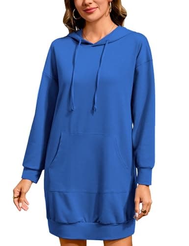 Quenteen Women Hoodies Dress Hooded Sweatshirts Dress Casual Long Sleeve Tunic Dress Oversized Sweatshirts with Pocket A-Blue - Image 1