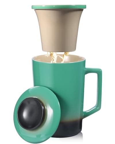 Foinly 15 oz Ceramic Tea Infuser Cup with Lid - Tea Mug with All Porcelain Strainer for Loose Leaf Teas,Microwave and Dishwasher Safe,Metal-Free,BPA-Free for Tea Lovers/Easter Day(Green) - Image 1