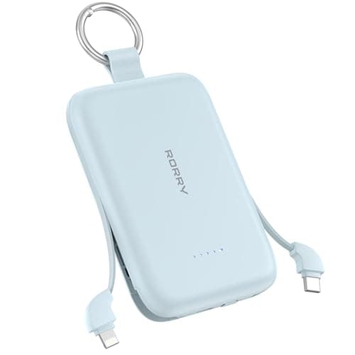RORRY Portable Charger, 10000mAh PD 30W Fast Charging Portable Charger Power Bank with Built-in Cables, Travel Keychain Charger Battery Pack for iPhone 17/16/15/14/13/12, for AirPods 2/3/4/Pro, Blue - Image 1