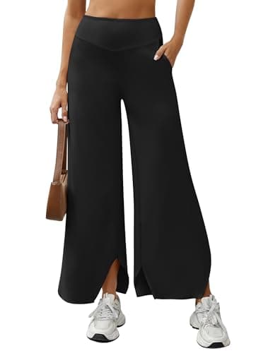 LOOKBOHO Women's Wide Leg Pants Flowy High Waist Palazzo Lounge Pant Loose Casual Stretch Yoga Pants with Pockets Black L - Image 1