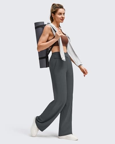 G4Free Wide Leg Yoga Pants for Women Cross Waisted Loose Fit Stretchy Work Comfy Casual Trousers with Pockets(Dark Gray,XS,29") - Thumbnail 6