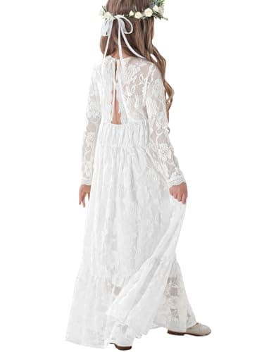 ALLOVIN Toddler & Girls Long Sleeve Lace Flower Girl Dress Maxi Boho A-Line Dress for Wedding Baptism 1st Communion | White | 8-9Y - Image 1