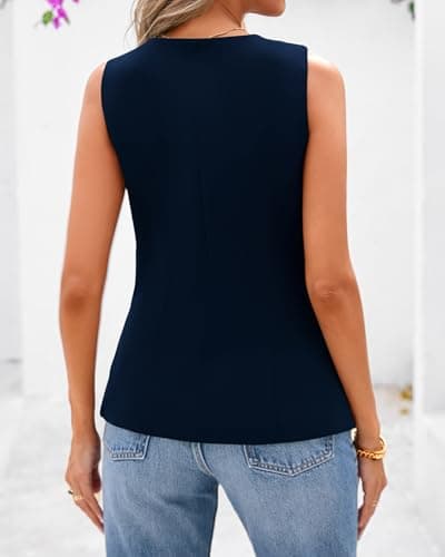 BTFBM Summer Sleeveless Blazer Vest For Women Dressy Button Down Round Neck Business Casual Outfits Work Suit Vests Tops(Navy Blue, X-Large) - Thumbnail 3