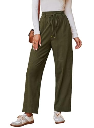 Dokotoo Linen Pants Women High Waisted Drawstring Stretch Pants 100% Cotton Casual Loose Outdoor Travel Trousers Elastic Waistband with 4 Pockets Green - Image 1
