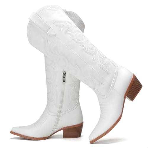 Cozivwaiy Women Cowboy Boots Embroidered Knee High Boots 1.96 Inch Heels Pull on White Cowgirl Boot Pu Leather Country Concert Western Tall Boot Zipper Chunky 6.5 - Image 1