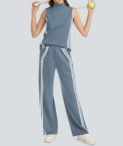 Casly Lamiit Lounge Wear for Women 2 Piece Set Travel Outfits Casual Sweat Suit Track Activewear Mock Neck Sleeveless Top Wide Leg Pants Grey Blue S - Thumbnail 2