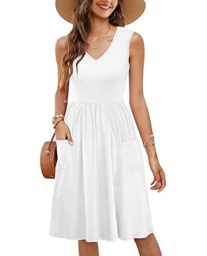 RUMIA V Neck Summer Casual Dresses for Women- Womens Sleeveless Tank Sundress with Pockets Vacation White - Image 1
