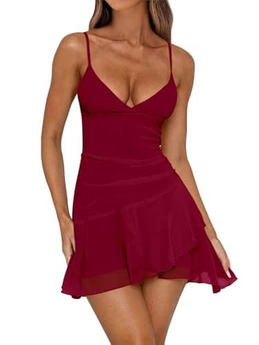 Caracilia Women's Sexy Mesh Ruched Bodycon Mini Dress Summer Sleeveless V Neck 2026 Club Party Cocktail Short Dresses Small Deep Red - Image 1