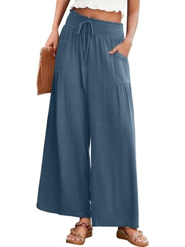 JUYUEO Womens Linen Summer Wide Leg Palazzo Pants High Waist Casual Loung Pant Beach Travel Vacation Harem Pants with Pockets Grey Blue - Image 1