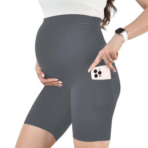 Leafigure Maternity Shorts with Pockets Over The Belly for Women, High Waisted Soft Pregnancy Yoga Pants Grey XL - Image 1