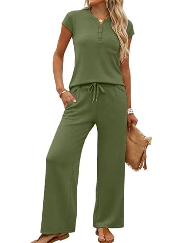 Casly Lamiit 2 Piece Sets for Women Summer Casual Lounge Set V Neck Tops Cropped Pants Airport Travel Outfits Beach Vacation Clothes Army Green M - Image 1