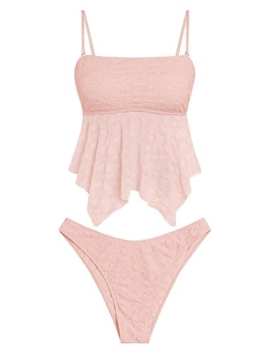 ZAFUL Tankini Swimsuits for Women Flowy Swimwear Square Neck Mesh Hollow-Out Two Piece Bathing Suit High Cut Tanga Tankini Set (Pink M) - Image 1