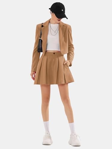 EXLURA Women's Long Sleeve Blazer Suit Sets with Pleated Mini Skirt Fall 2 Piece Outfits Trendy Y2K Fashion Clothes Khaki - Thumbnail 5