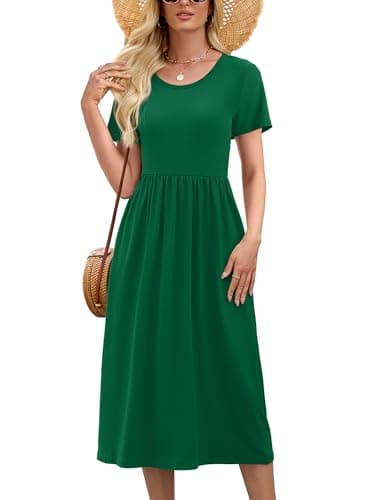 Heymoments Women Dress Green Medium Wedding Guest Crewneck Short Sleeve A line Casual Flowy Swing Cocktail Slimming Birthday Party Summer Travel Long Midi Dresses with Pocket - Image 1