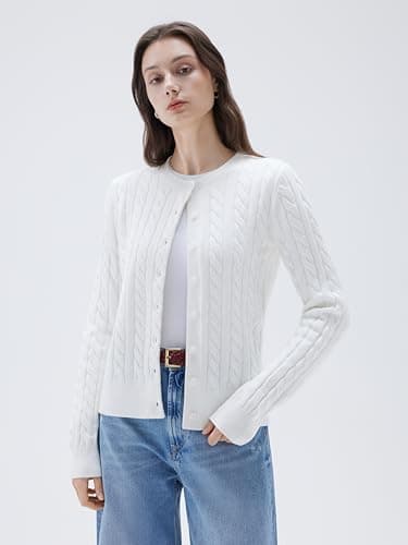 SUUKSESS Women Cable Knit Cashmere Blend Sweaters Crew Neck Button Up Chunky Cardigan Long Sleeve Cropped Fall Fashion Outfits Jackets (White, L) - Thumbnail 3