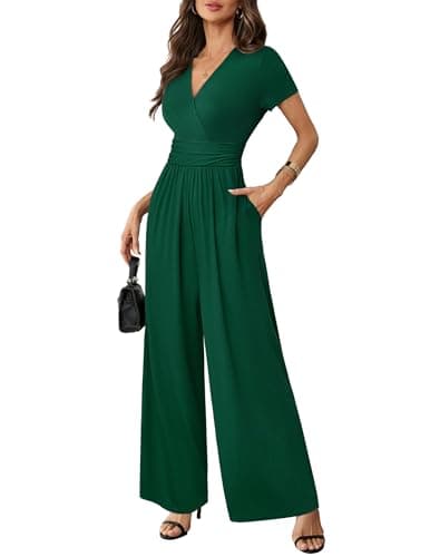 LOOKBOHO Jumpsuits for Women Dressy Casual Short Sleeve Deep V Neck Summer Romper High Waist One Piece Outfits Green L - Image 1