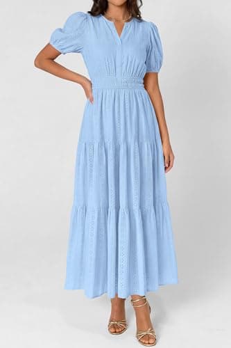 PRETTYGARDEN Womens Summer Maxi Dresses 2026 Casual Puff Sleeve V Neck Smocked Flowy Eyelet Cotton Dress Spring Sundress(Light Blue,X-Large) - Thumbnail 6