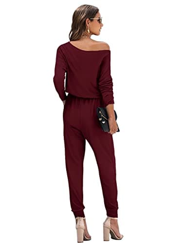 STOLKISS One Shoulder Jumpsuits for Women Dressy Elegant Long Sleeve Pants Jumper One Piece Outfits Rompers with Pockets Red - Thumbnail 3