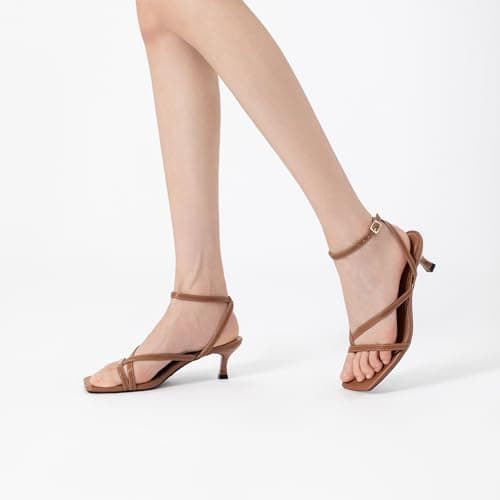 Athlefit Women's Strappy Kitten Heels Square Open Toe Low Heels Ankle Strap Fashion Party Dress Thong Heeled Sandals Dark Brown Size 8.5 - Thumbnail 2