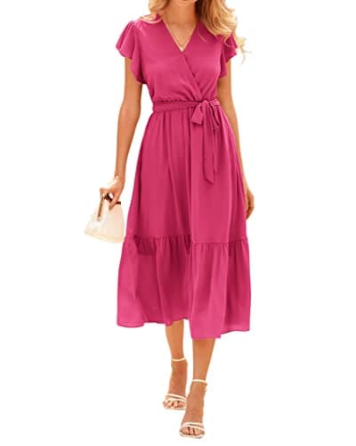 BTFBM Women Summer Bohemian Floral Casual Wrap V Neck Ruffle Cap Sleeveless Belt A-Line Pleated Hem Swing Midi Sun Dress (Solid Rose Red, Small) - Image 1
