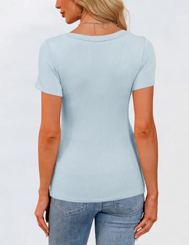 GKBK Womens Short Sleeve Tops Scoop Neck Ribbed Slim Fitted Tight Layering Top Basic Tee Shirts Cute Summer Tops Casual Spring Outfits 2026 Trendy Light Blue - Thumbnail 5