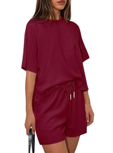 PRETTYGARDEN Women 2 Piece Lounge Sets Short Sleeve Shirts Workout Tops Shorts Matching Clothing 2026 Summer Vacation Outfits (Burgundy,X-Large) - Image 1