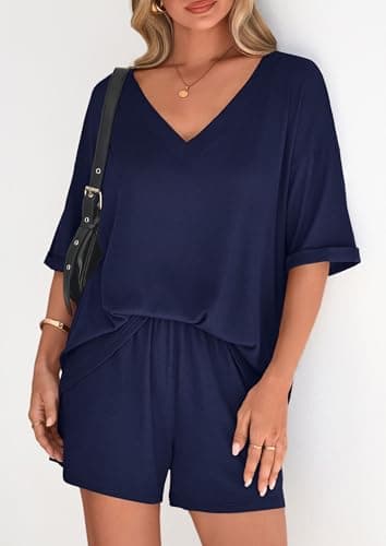 PRETTYGARDEN Womens 2 Piece Sets 2026 Oversized Vneck Half Sleeve Tops Shorts Lounge Set Casual Summer Travel Beach Outfits (Navy Blue,Large) - Thumbnail 6