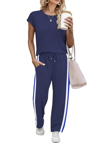 Casly Lamiit Womens 2 Piece Lounge Set 2026 Summer Travel Outfits Casual Cap Sleeve Tops Wide Leg Jogging Pants Matching Airport Cruise Vacation Clothes Navy Blue XS - Image 1