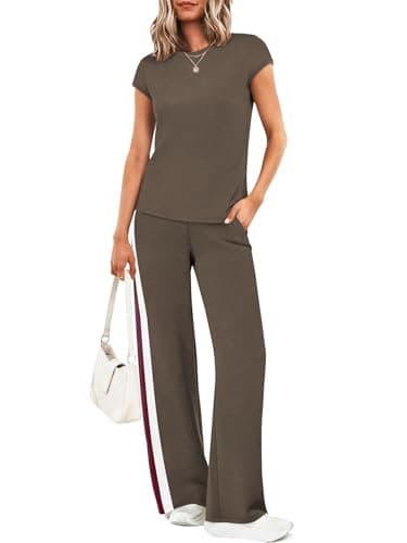 Casly Lamiit 2 Piece Set for Women Cruise Vacation Spring Fashion Lounge Sets Short Sleeve Sweat Sets Wide Leg Sweatpants Airport Travel Sweat Set Easter Outfit Coffee S - Image 1