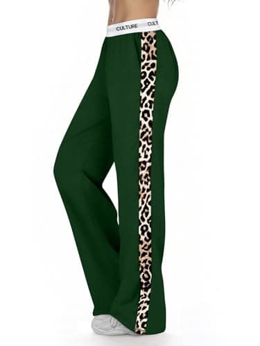 PEFYERVERY Women Baggy Pants Leopard Print Block Side Teen Straight Leg Open Bottom Sweatpants Y2K Elastic Waistband Lightweight Green M - Thumbnail 5