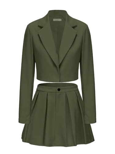 EXLURA Women's Long Sleeve Blazer Suit Sets with Pleated Mini Skirt Fall 2 Piece Outfits Trendy Y2K Fashion Clothes Army Green - Image 1