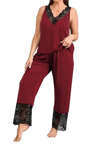 Emilaura Plus Size Women's Solid Color Lace-Trimmed Sleeveless Top & Long Pants Pajama Set - Comfortable Casual Homewear Wine Red - Image 1