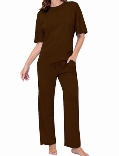 PATPAT Lounge Sets for Women Short Sleeve Pajama Set Soft Comfy Elastic Pjs 2 Piece Loungewear Outfits with Pockets Brown, M - Image 1