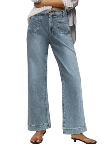 PEIHOT Womens High Waisted Straight Leg Jeans Trendy Stretchy Loose Wide Leg Pull On Mid Rise Flare Denim Pants with Pocket 2025 Light Blue - Image 1