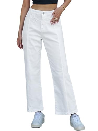 PEIHOT Wide Leg Jeans for Women High Waisted Straight Leg Stretchy Jeans Seamed Paneling Denim Pants Fall White - Thumbnail 2