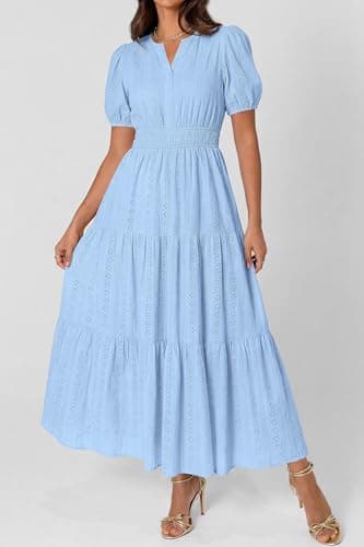 PRETTYGARDEN Womens Summer Maxi Dresses 2026 Casual Puff Sleeve V Neck Smocked Flowy Eyelet Cotton Dress Spring Sundress(Light Blue,X-Large) - Thumbnail 5