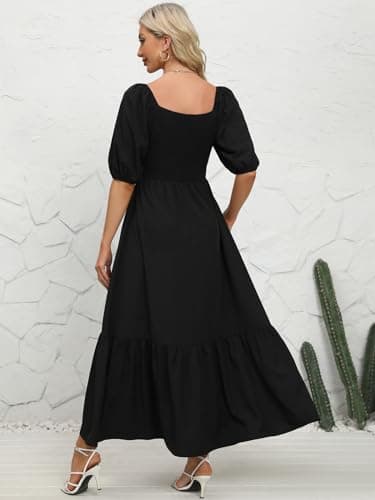 Lyrur Dresses with Pockets Square Neck Puff Sleeve Smocked Dress Summer Casual Boho Ruffle Long Maxi Sundress(M,7017-Black) - Thumbnail 3