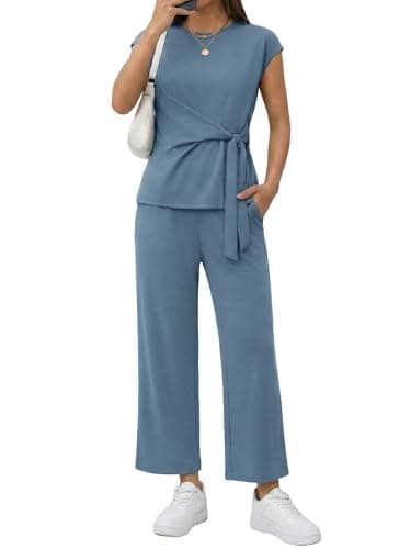 Casly Lamiit 2 Piece Lounge Sets for Women Summer Outfits Crew Neck Belted Crop Top Women Travel Clothing Blue Grey M - Image 1
