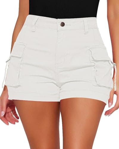 luvamia Cargo Shorts for Women Trendy High Wasited Casual Summer Stretchy Utility Cut Off Shorts with Pockets Off White Size X-Large US Size 16 18 - Image 1