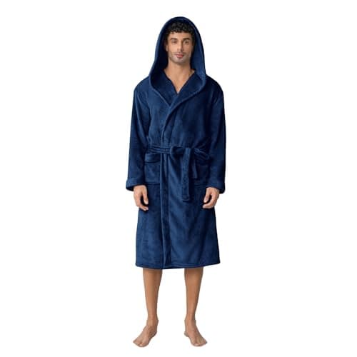 Lagtew Men's Hooded Fleece Bathrobe, Absorbent Anti-Static Plush Robe for Men with Pockets, Warm Soft for Home,NAVY,S/M - Image 1