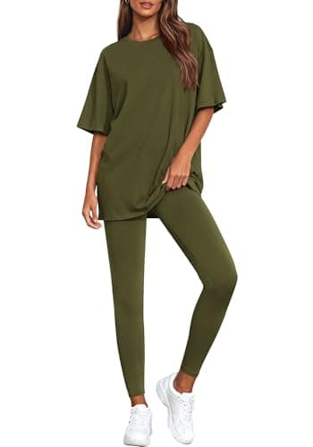 BTFBM Two Piece Lounge Set Women 2026 Spring Casual Oversized Shirts Leggings Matching Workout Airport Travel Outfits(Army Green, XX-Large) - Image 1