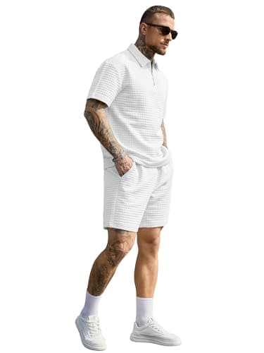 JEMLDL Men's Short Sets 2 Piece Polo Shirt Summer Outfits Casual Fashion Loungewear Short Sleeve Travel Golf Tracksuits White Large - Thumbnail 4