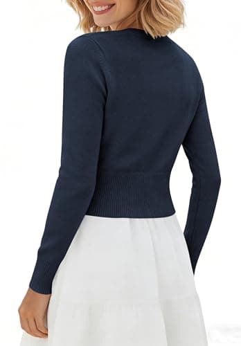 V Neck Cropped Cardigan Women’s Button Down Knit Sweater with Gold Detail for Stylish Layering Looks Navy XL - Thumbnail 6