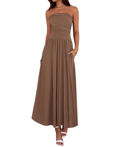 BTFBM Summer Maxi Dresses for Women 2026 Strapless Ruched Tube Top Beach Vacation Spring Wedding Guest Dress Pockets(Light Brown, Large) - Image 1