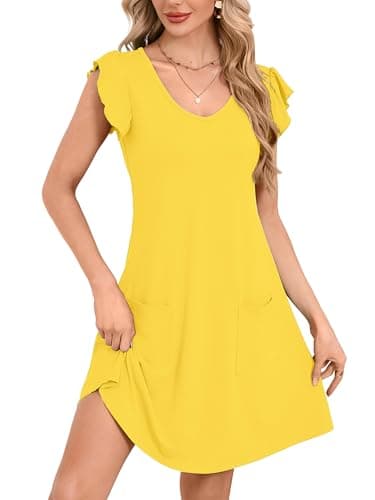 DEARCASE Womens Summer T-Shirt Dresses V Neck Elegant Classy Ruffle Sleeve A-line Tunic Dress 2026 with Pockets Bright Yellow Large - Image 1