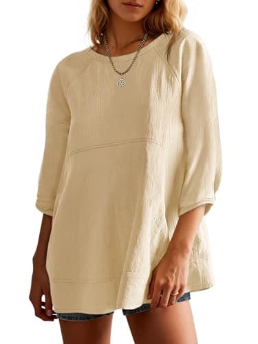 Tankaneo Womens 3/4 Sleeve Tunic Tops Casual Summer Peplum Flowy Oversized Babydoll Blouse Shirts Khaki - Image 1